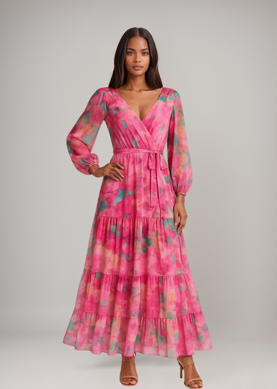 Chiffon-midi-kjole med V-hals