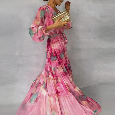Chiffon-midi-kjole med V-hals