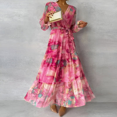 Chiffon-midi-kjole med V-hals