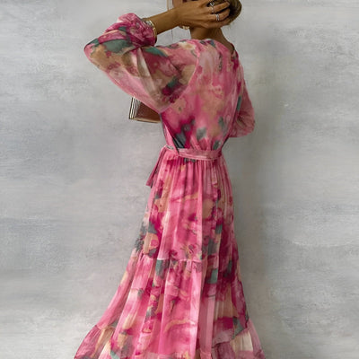 Chiffon-midi-kjole med V-hals