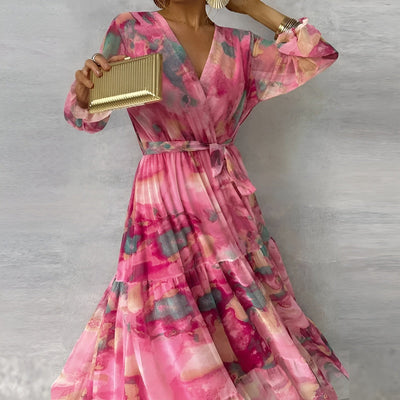 Chiffon-midi-kjole med V-hals